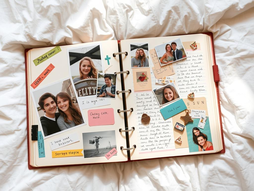 Open scrapbook showing couple photos and memorabilia - romantic homemade gifts for boyfriend Open scrapbook showing couple photos and memorabilia - romantic homemade gifts for boyfriend