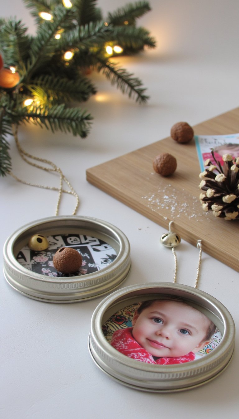 18. Photo Ornaments in Mason Jar Lids