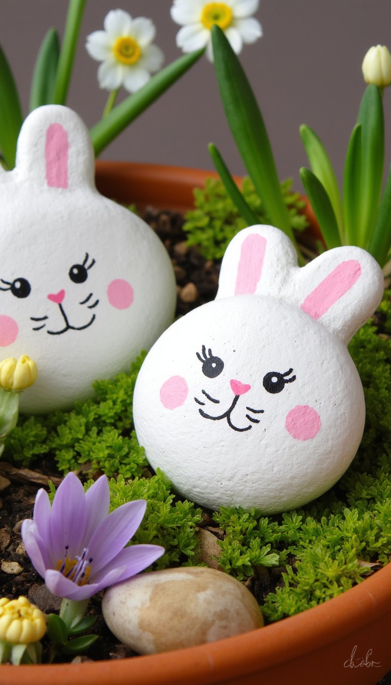 6. Rock Painting: Garden Bunny Guardians