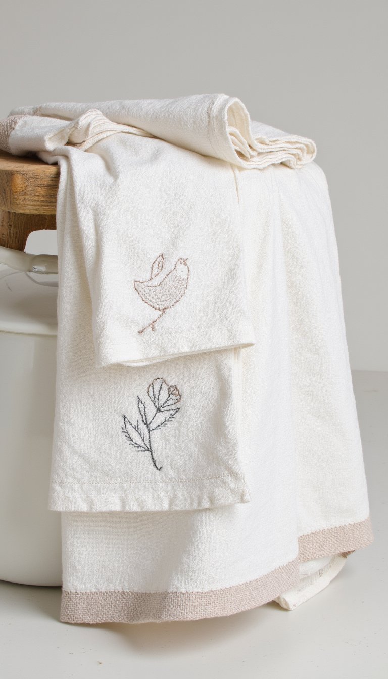 4. Simple Linen Towels with Primitive Stitching