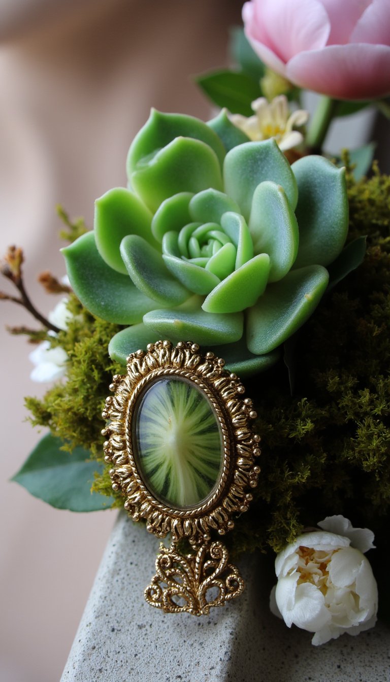 2. Succulent & Brooch Elegance
