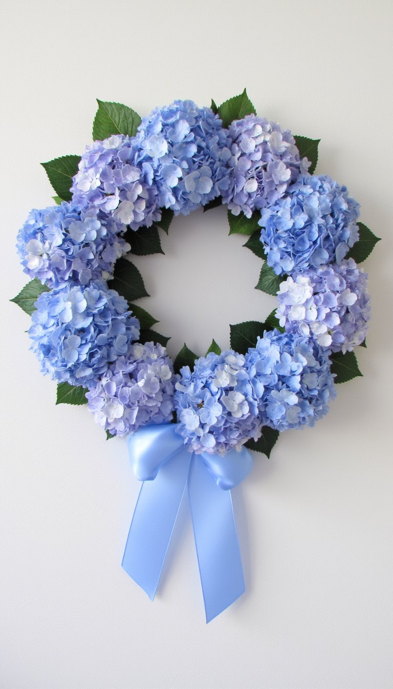 7. Elegant Hydrangea & Ribbon Wreath