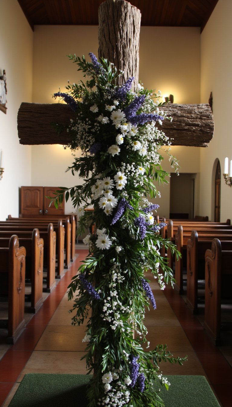 4. The Rustic Cross Adorned with Wildflowers