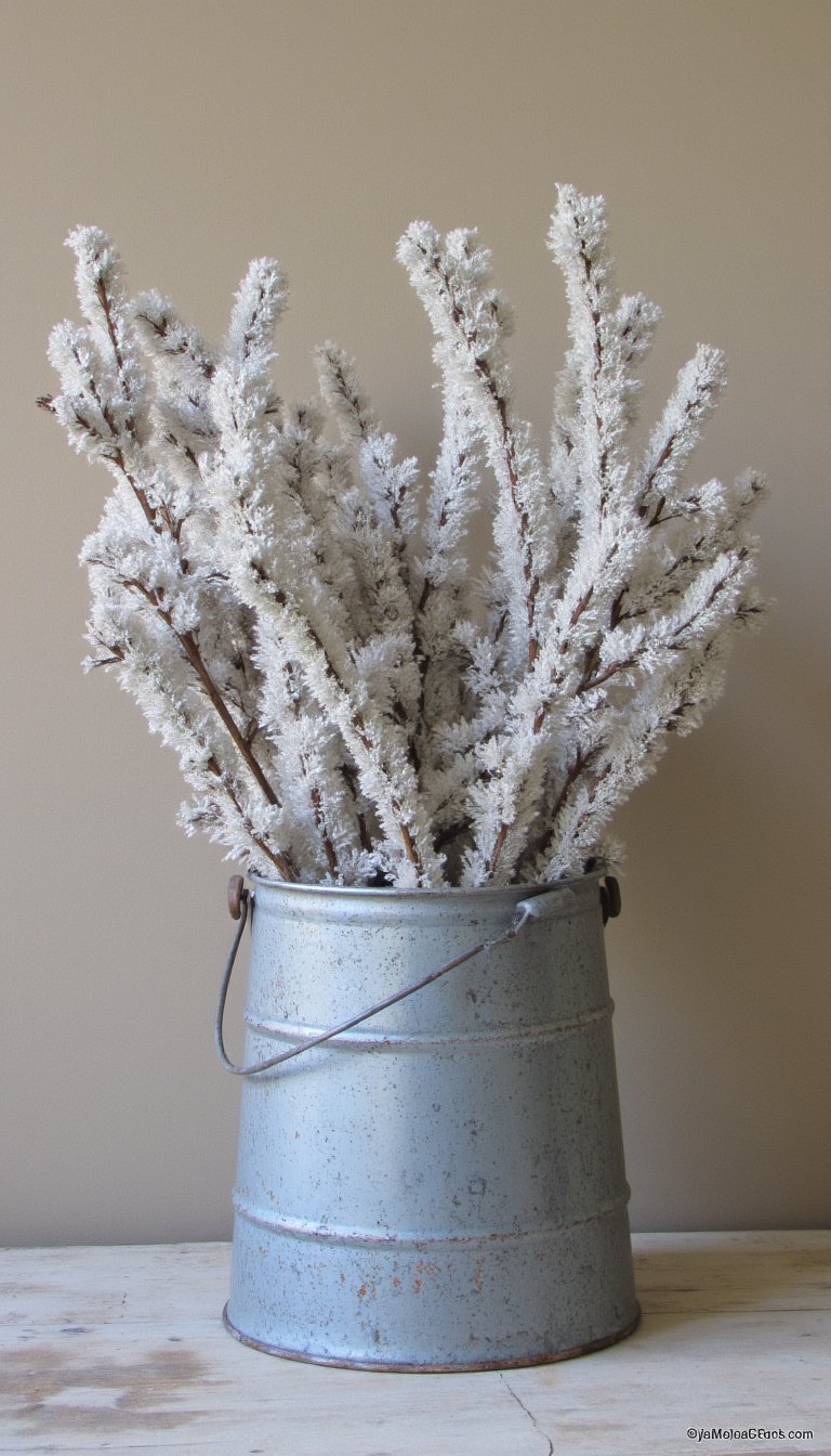 7. Rusty Tin Pails with Pussy Willows