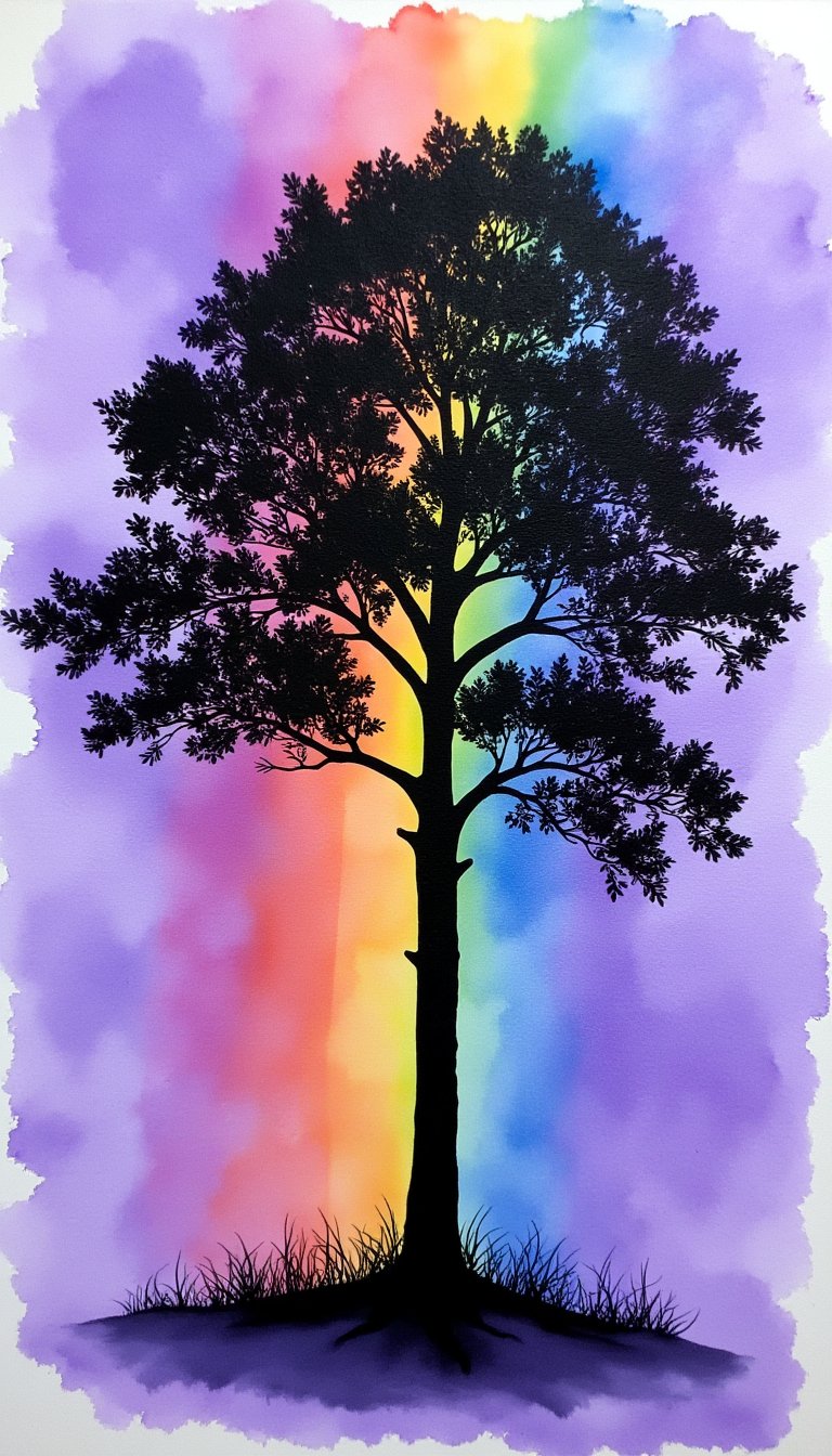 4. Rainbow Silhouette Over Watercolor Wash