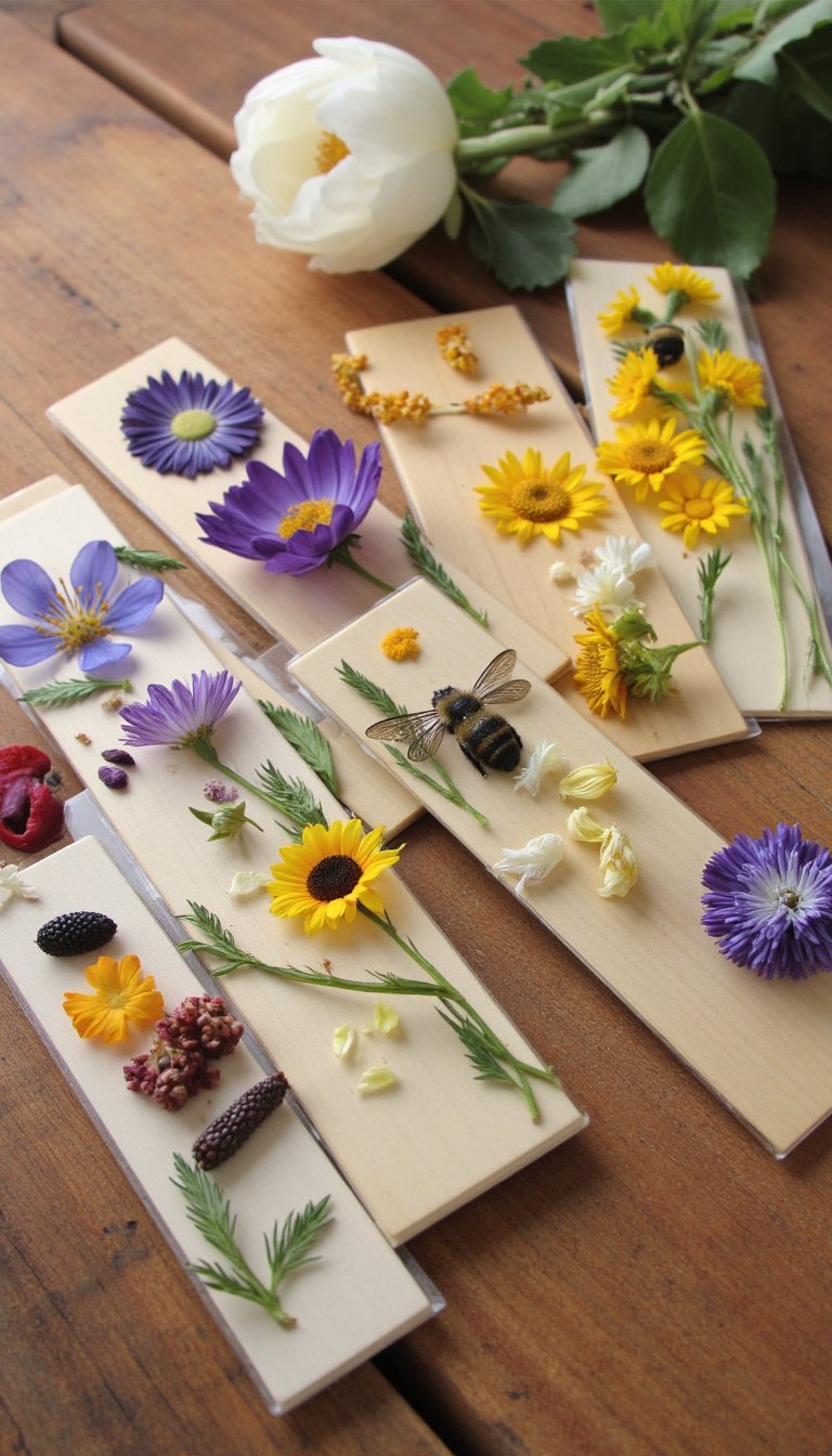 11. Pressed Flower Bee Bookmarks