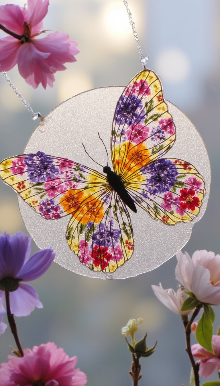 7. Elegant Pressed Flower Butterfly Suncatcher