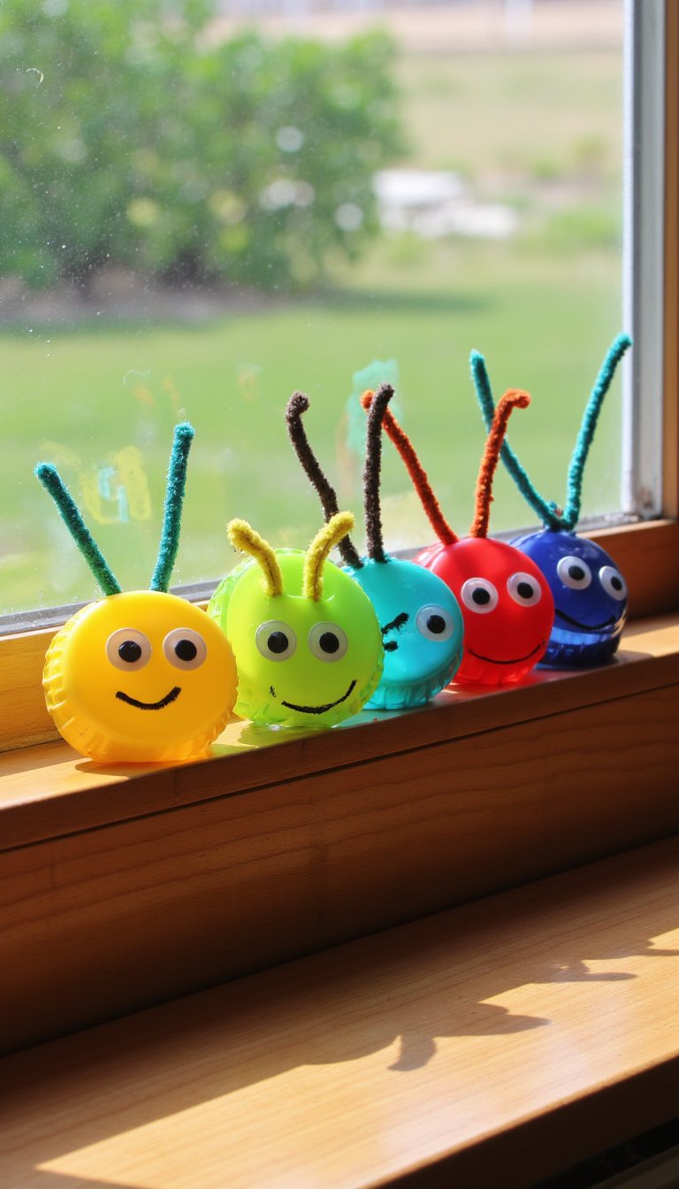 5. Upcycled Bottle Cap Caterpillars