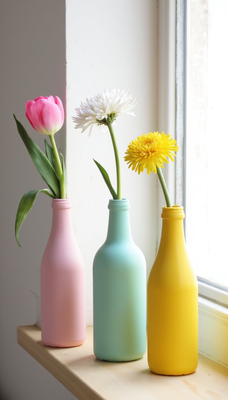 11. Upcycled Bottle Vases with Spring Blooms