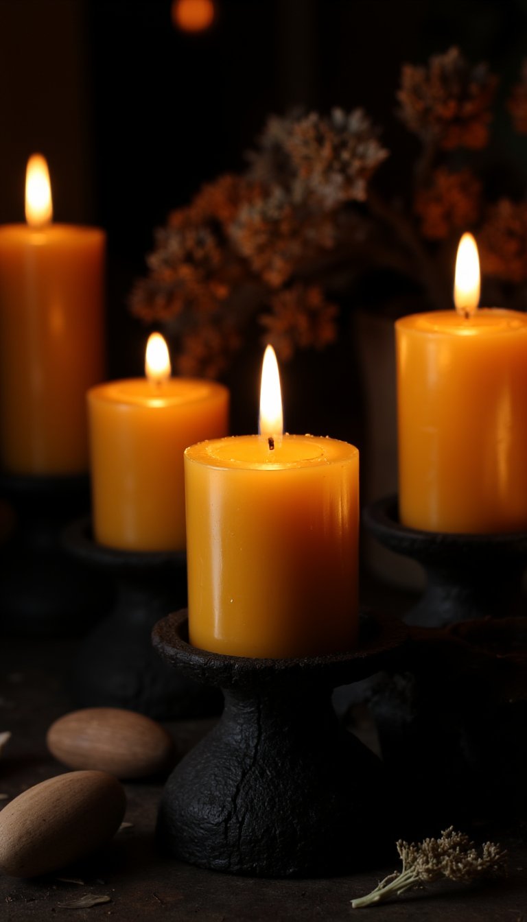 6. Beeswax Candles in Iron Holders