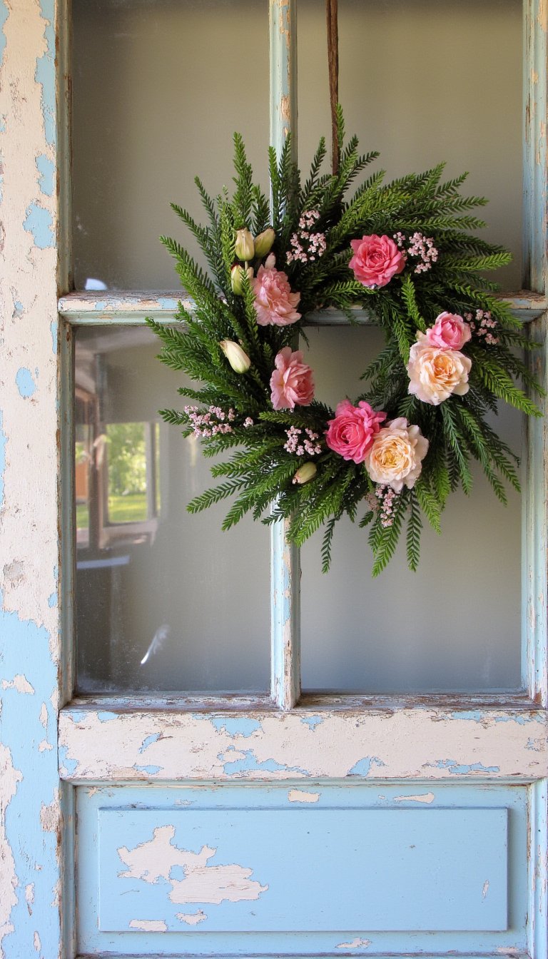 14. A Vintage Window Frame with a Wreath