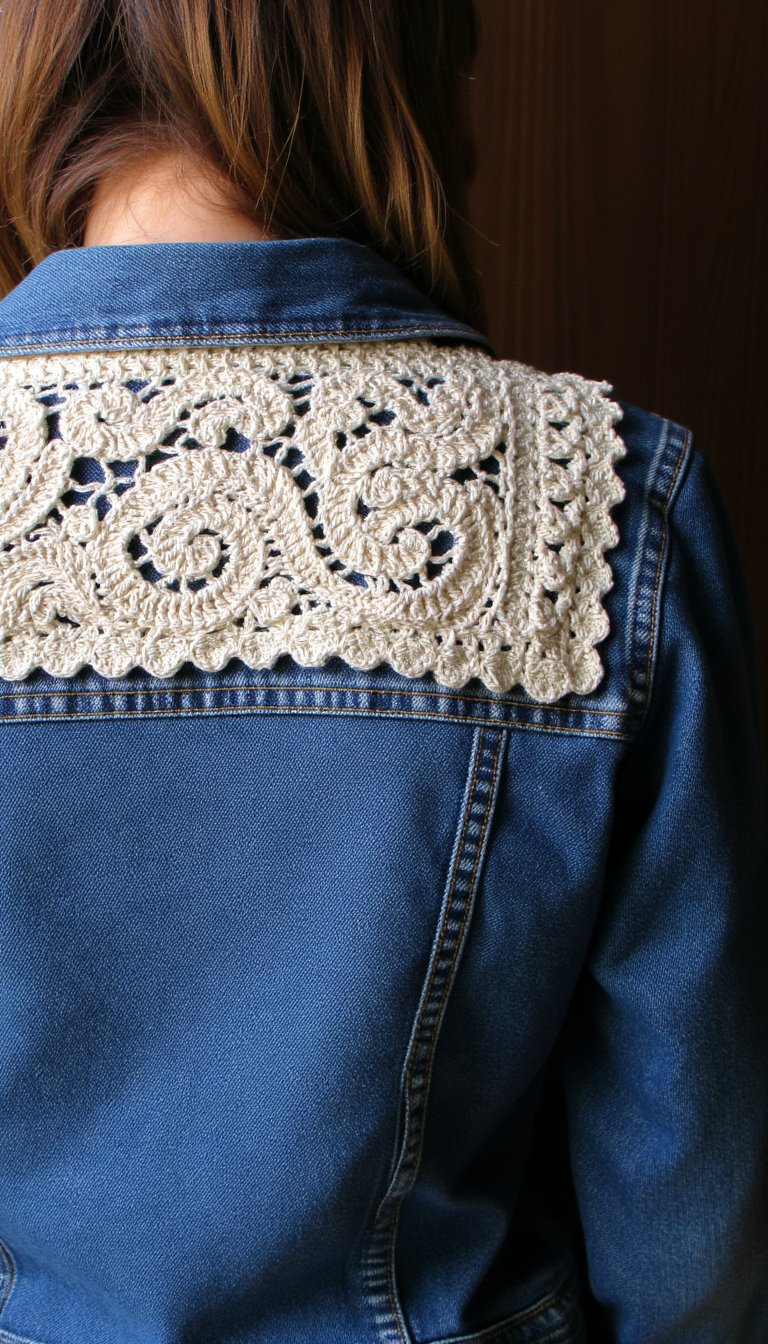 17. Upcycled Denim Jacket with Crochet Accents