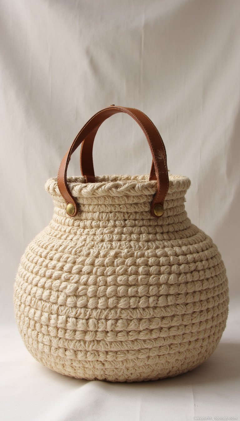 22. Coiled Yarn Basket with a Leather Handle