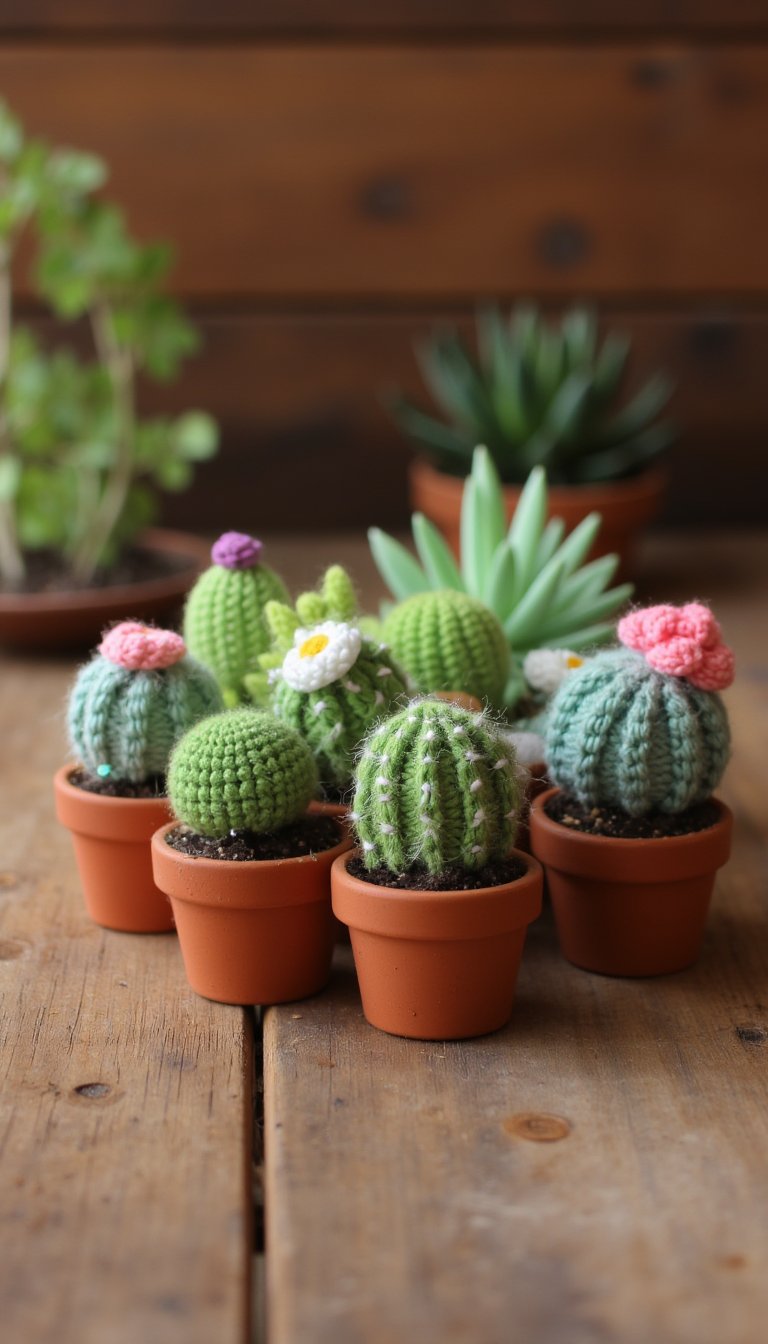9. Miniature Crochet Cacti & Succulents in Terracotta Pots
