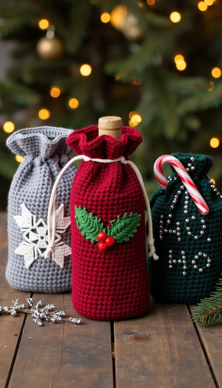 12. Wine Bottle Gift Bags with Holiday Motifs