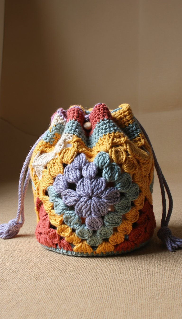 1. The Classic Granny Square Drawstring Pouch