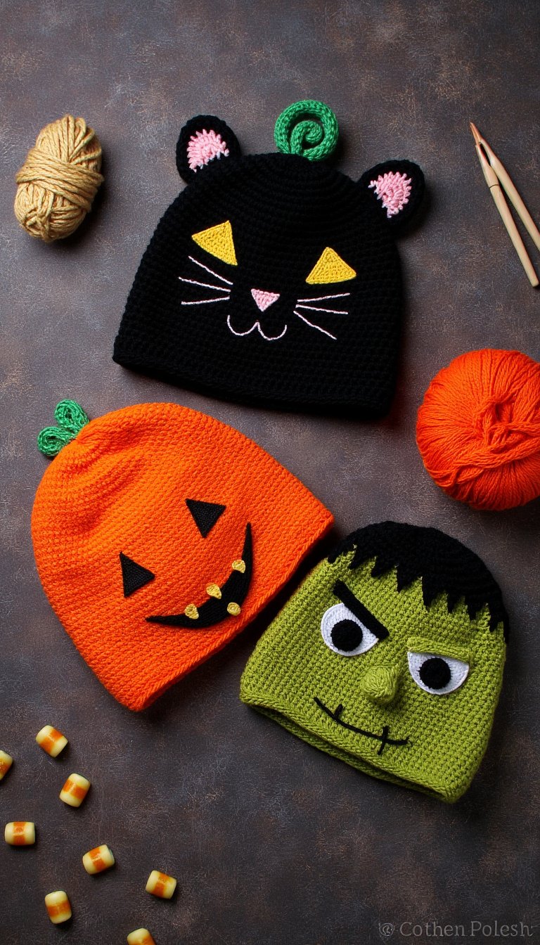 14. Halloween Character Beanies for Kids