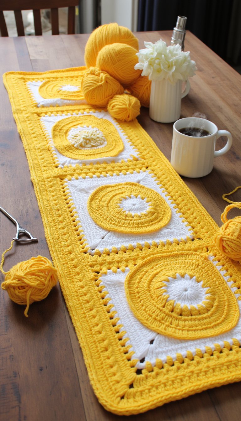 13. A Sunshine-Yellow Granny Square Table Runner