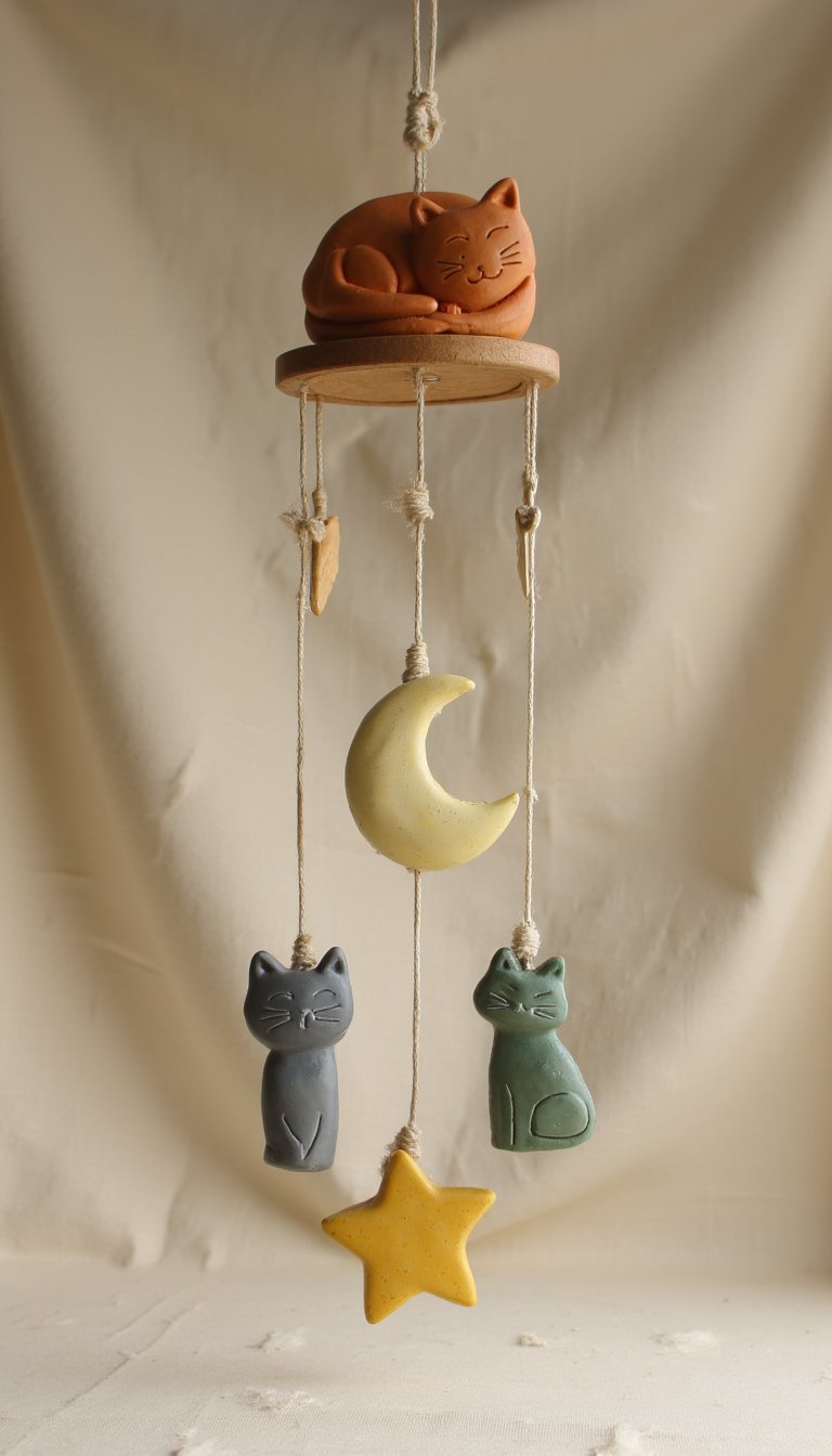 11. Melodic Clay Cat Wind Chimes