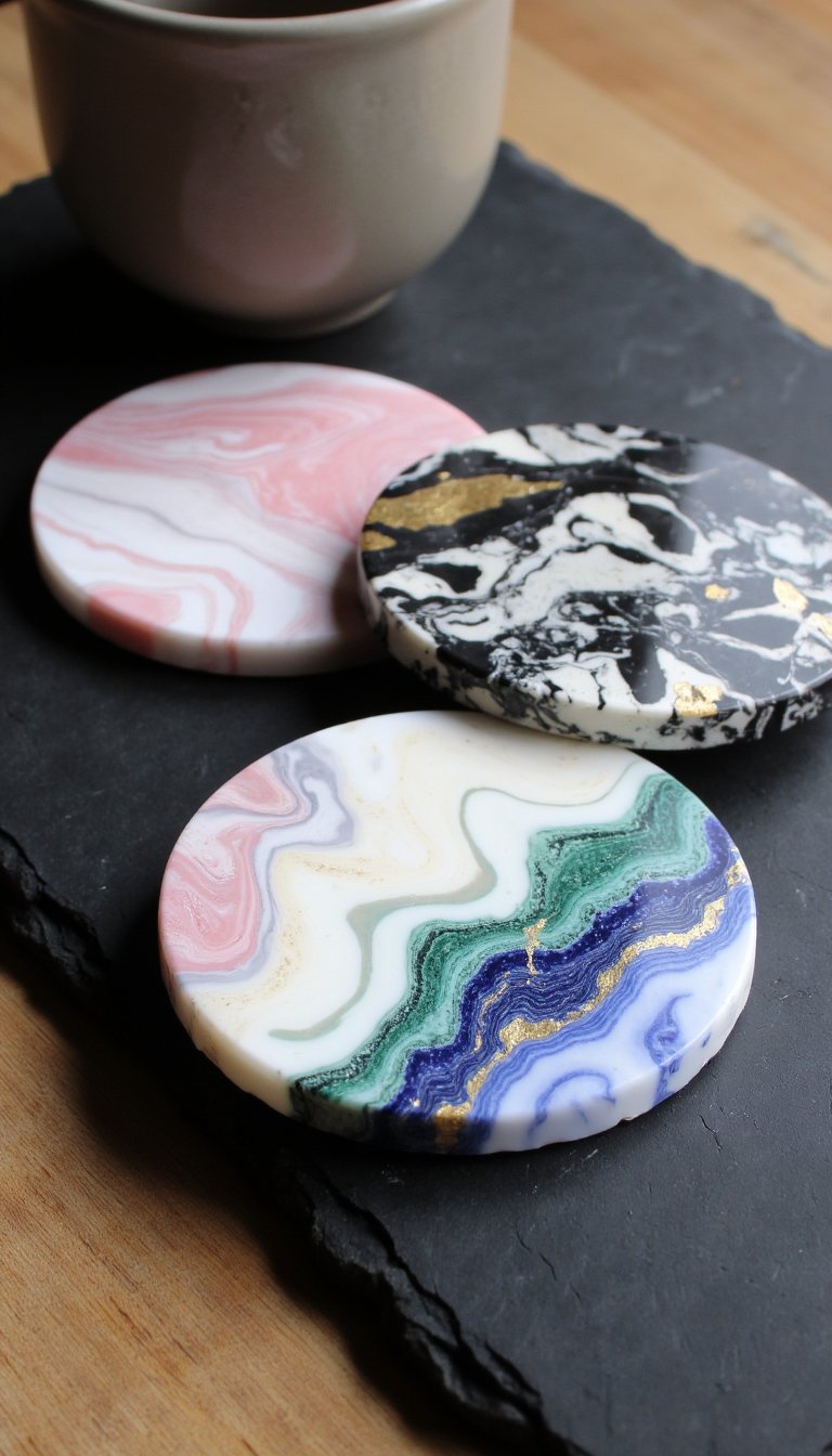 5. Marbled Magic: Swirled Polymer Clay Coasters