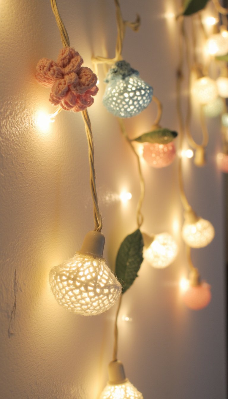 14. Fairy Lights with Crocheted Flowers or Stars