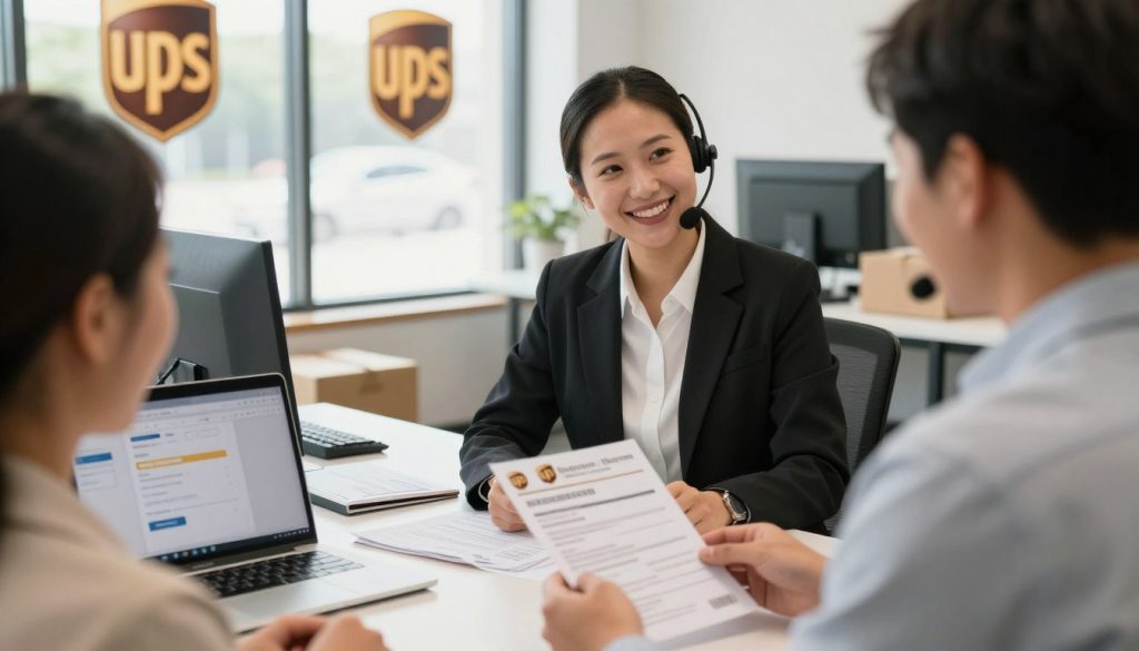 UPS customer service representative helping with delivery notice and tracking information