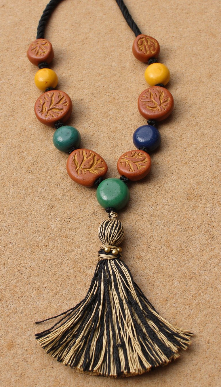 14. Boho Clay Bead Tassel Necklace