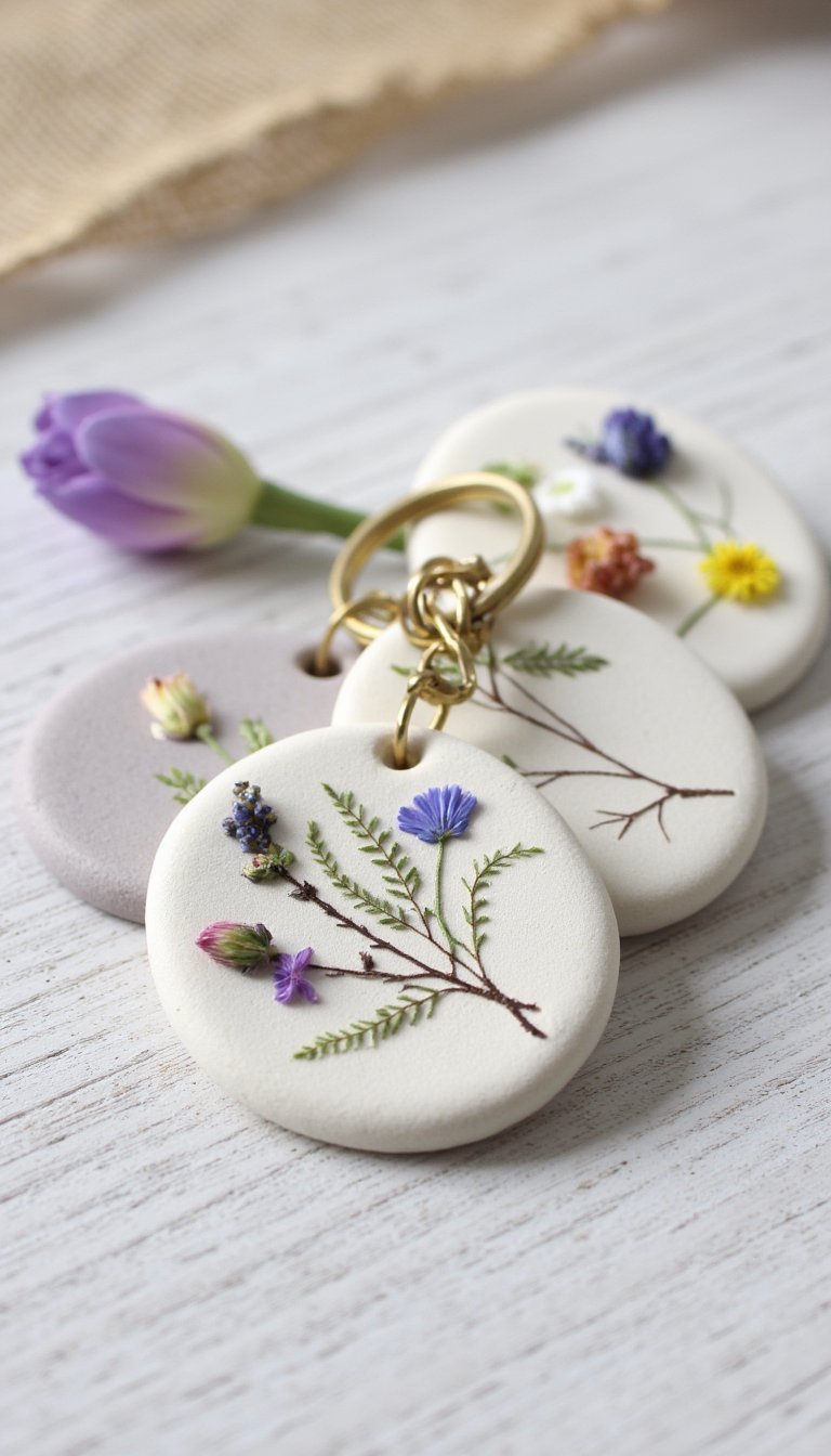3. Custom Keychain Fobs with Pressed Florals