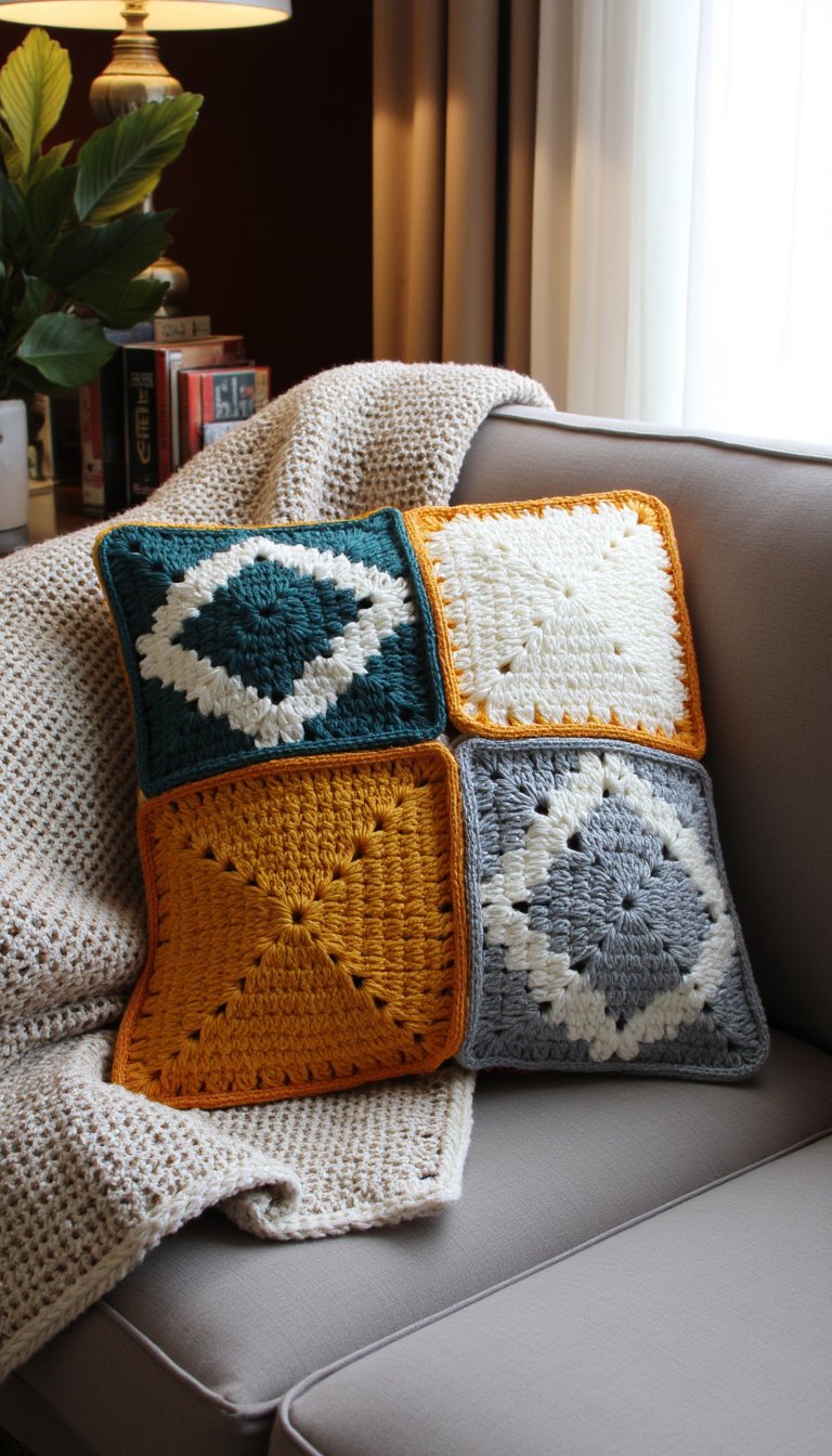 7. A Graphic Granny Square Pillow Cover