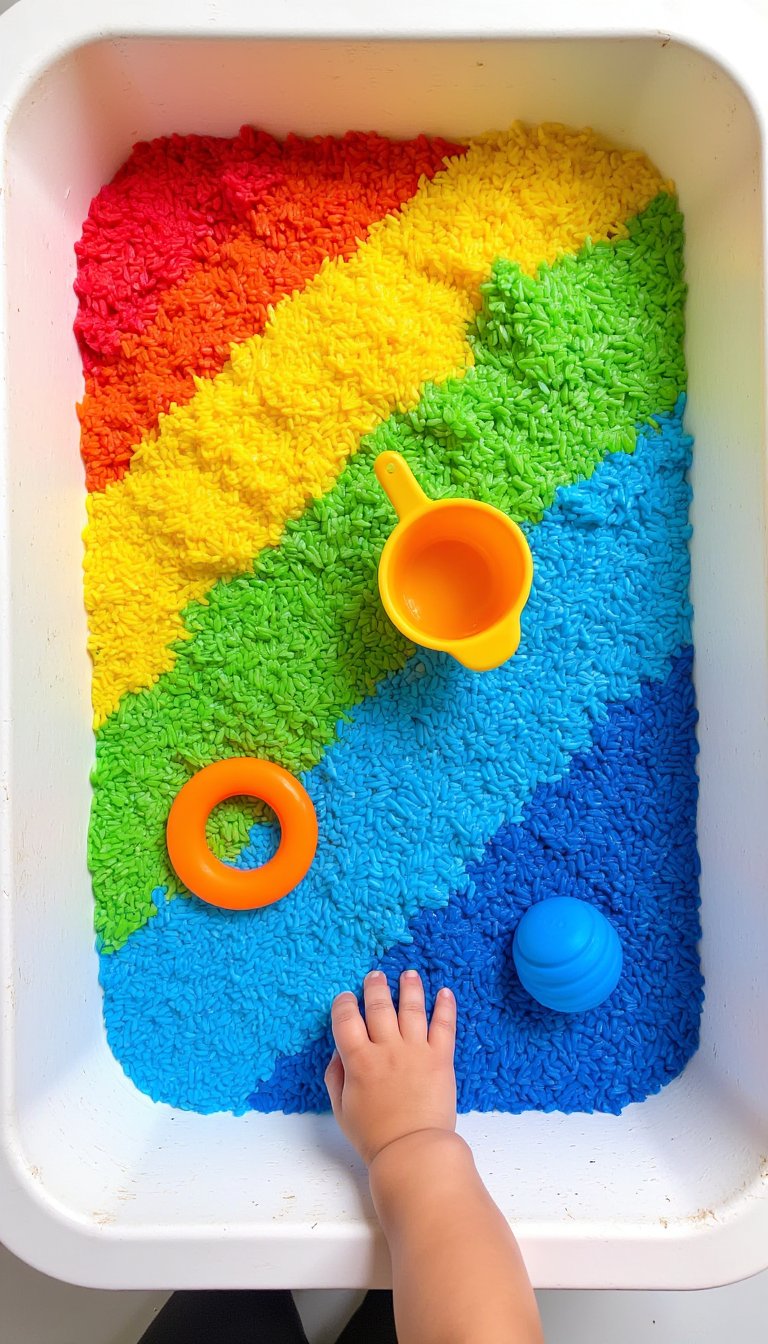 15. Rainbow Rice Sensory Bin