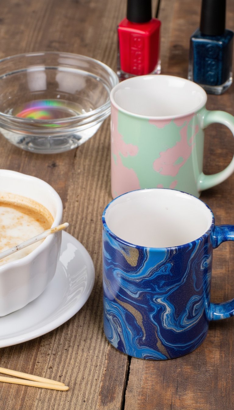 2. Marbled Mugs with Nail Polish