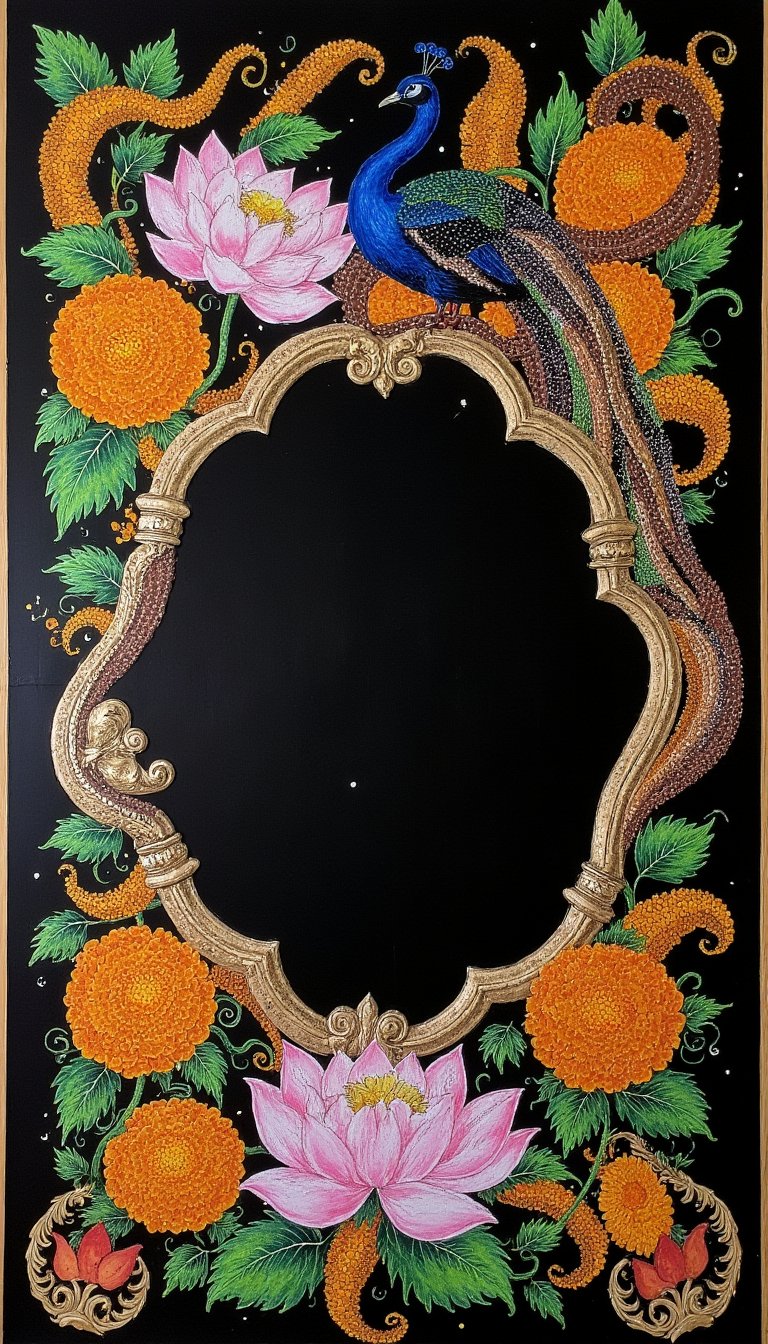 10. Floral Frame with Peacocks and Marigolds