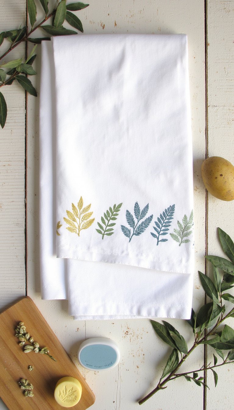 8. Stamped Tea Towels with Botanical Motifs