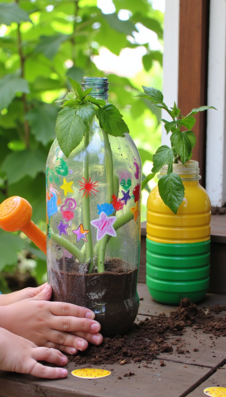 7. Recycled Bottle Planters for Tiny Green Thumbs