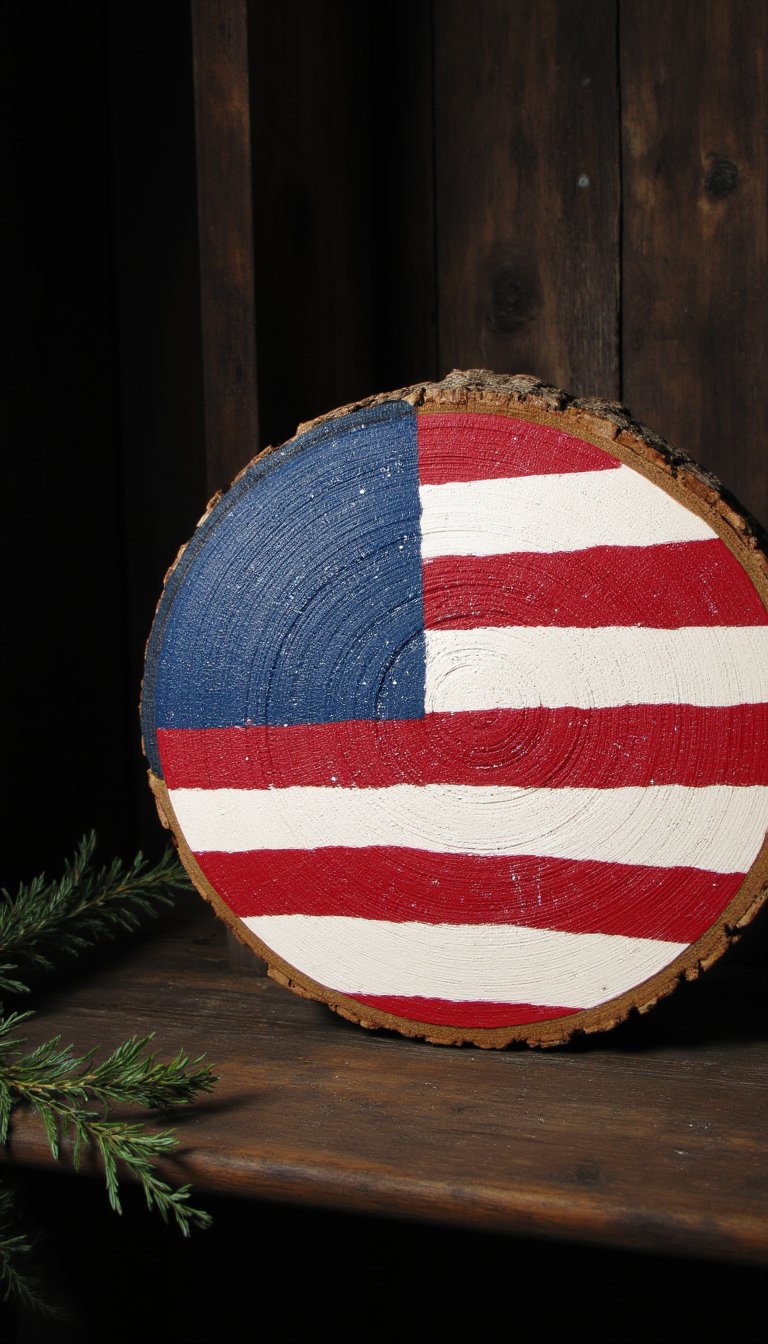 2. Rustic Wood Slice American Flag Centerpiece