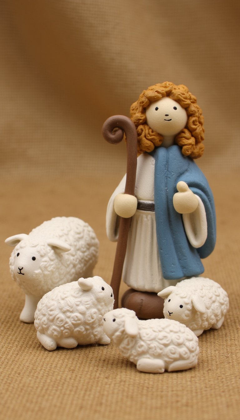 12. Shepherd and Sheep Clay Figures