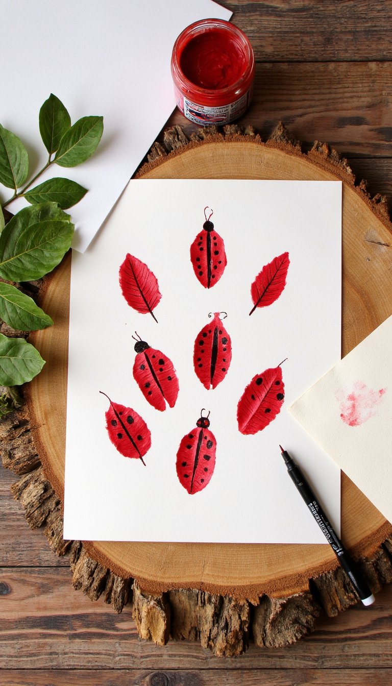 6. Nature-Inspired Ladybug Leaf Prints