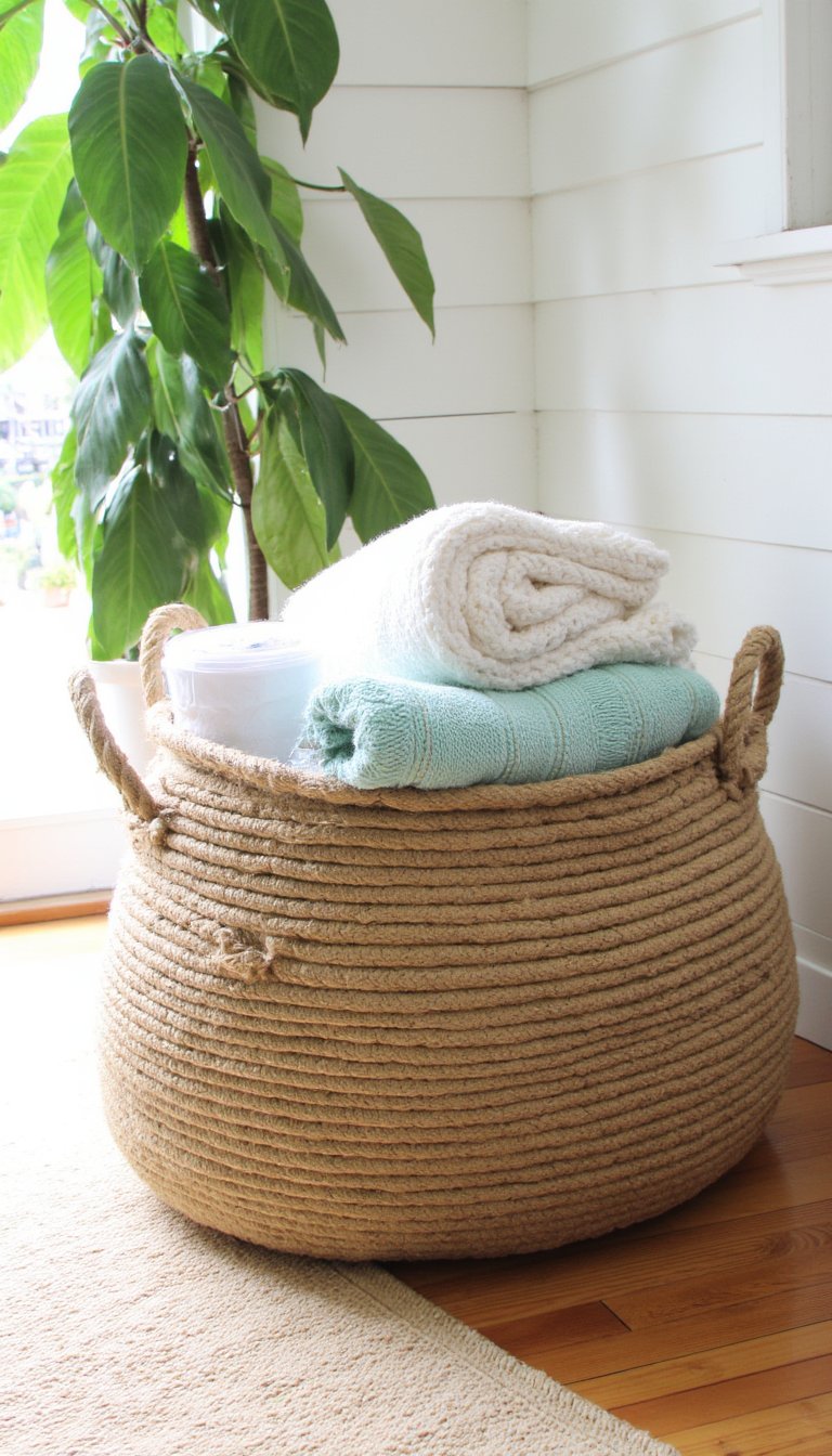 4. No-Sew Rope Basket for Towels & Throws