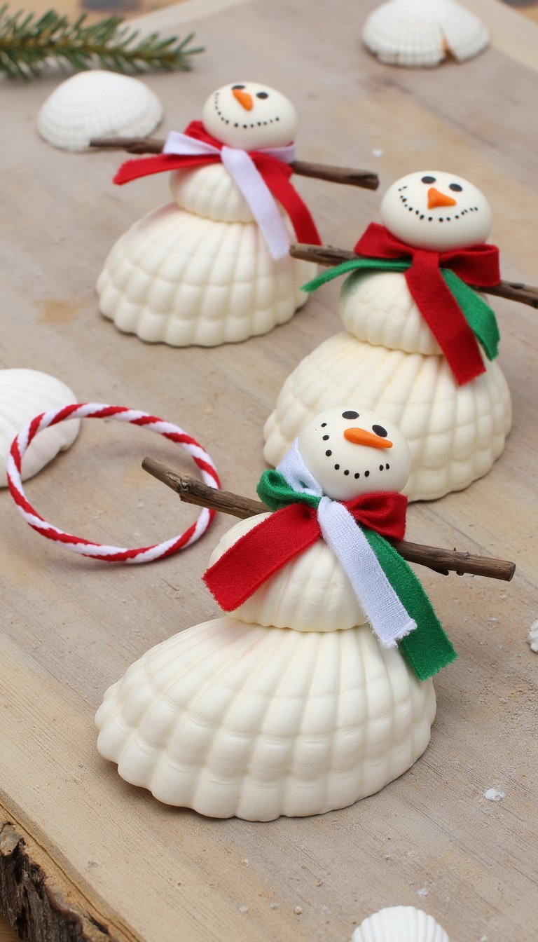 1. Seashell Snowman Ornaments