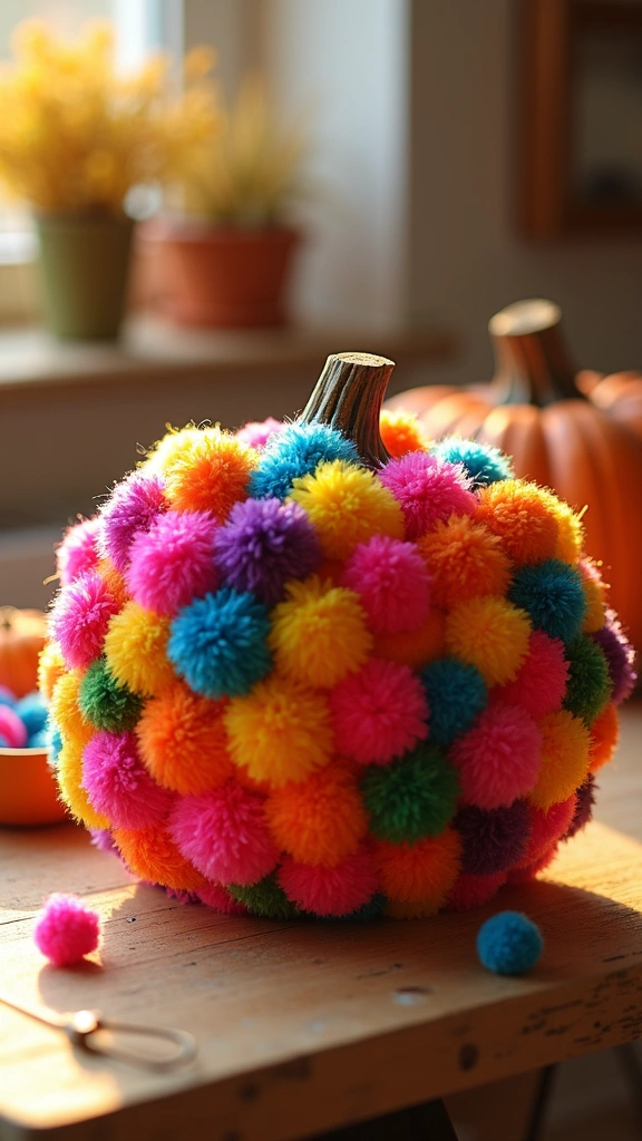 Pom-Pom Covered Pumpkins