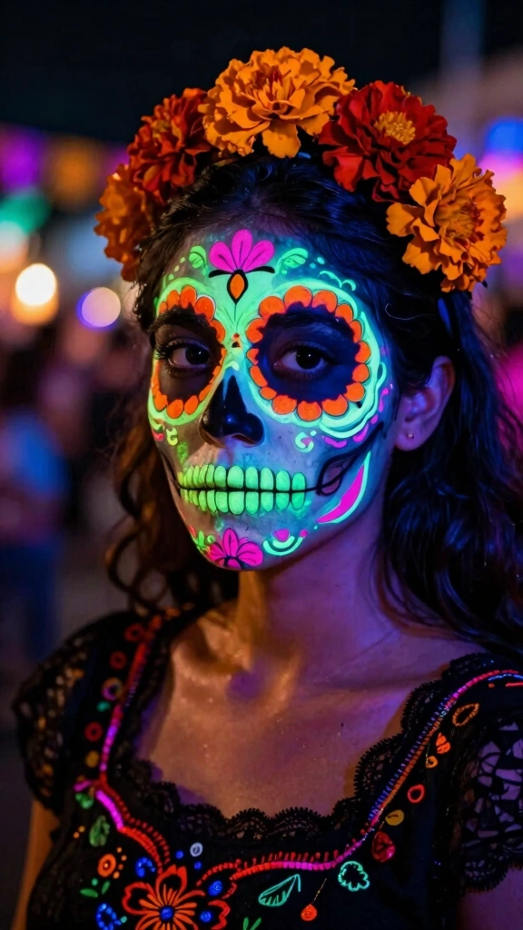 Glowing Neon Sugar Skull Face Paint