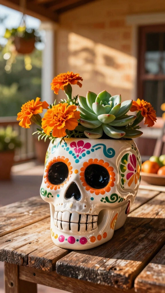 Hand-Painted Ceramic Sugar Skull Planters