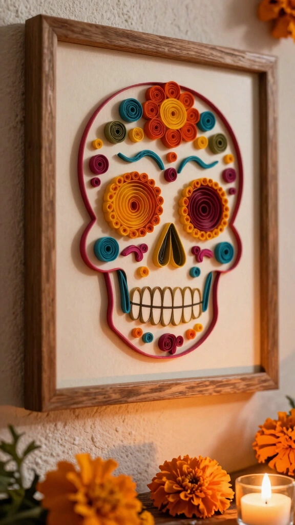 Intricate Paper Quilled Sugar Skull Wall Art