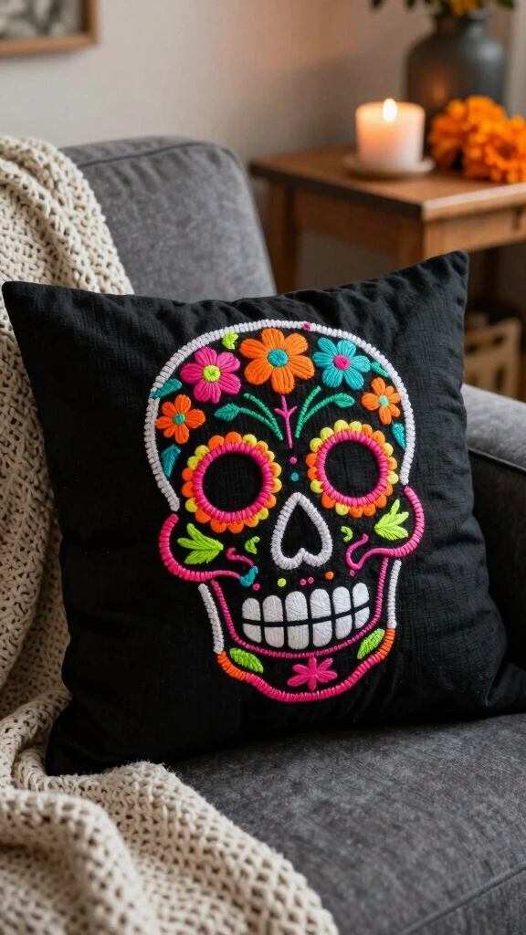 Embroidered Sugar Skull Pillow Covers