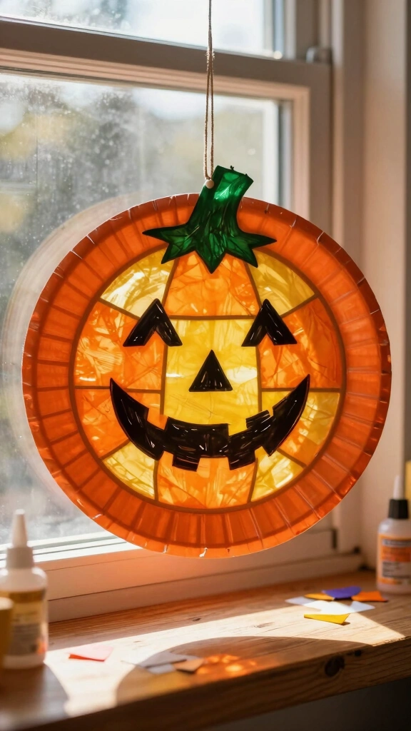 Paper Plate Pumpkin Suncatcher