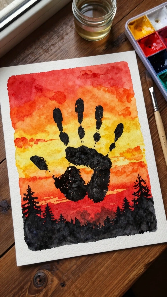 Watercolor Silhouette Witch Handprint
