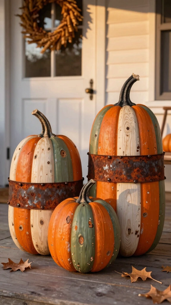 Distressed Wood Plank and Metal Pumpkins