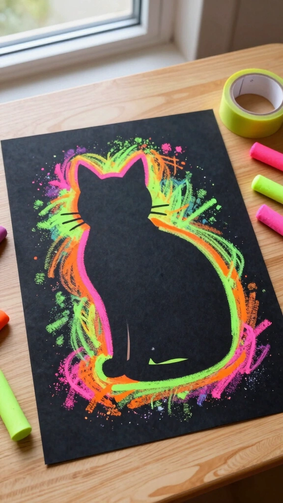 Neon Chalk Black Cat Silhouettes