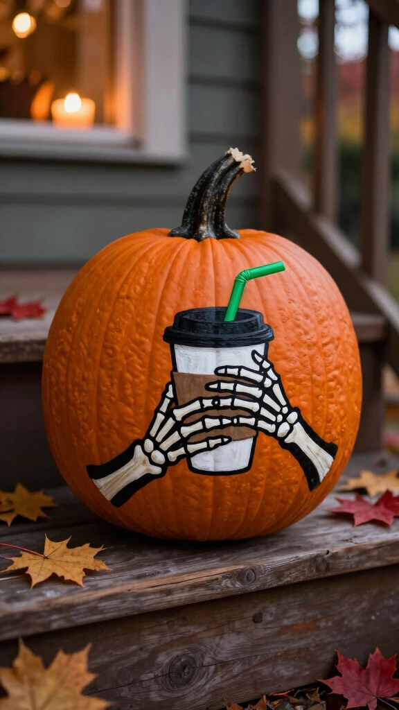 Skeleton Drinking Pumpkin Spice Latte