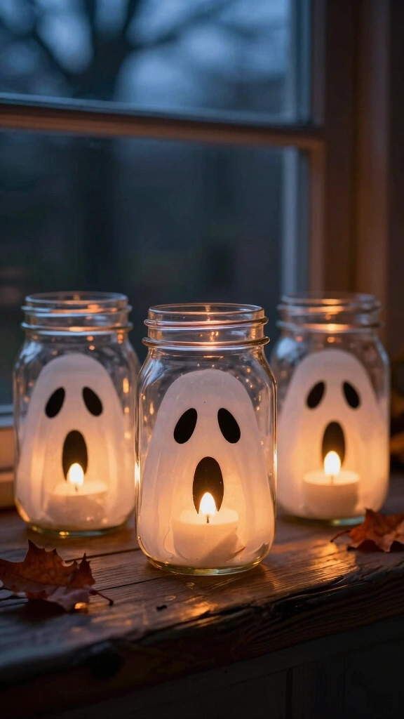 Glowing Mason Jar Ghost Lanterns